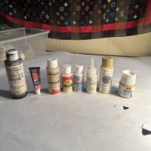 Lot of fixing materials including Rub n Buff enamel gloss, decoupage glue & more